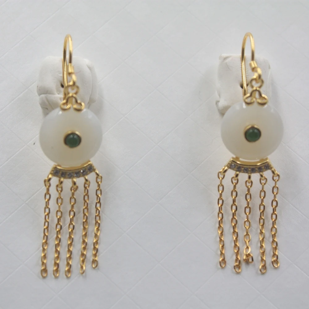 

Pure 925 Sterling Silver Dangle Earrings Natural Nephrite Jade Circle Fringe Drop Earrings