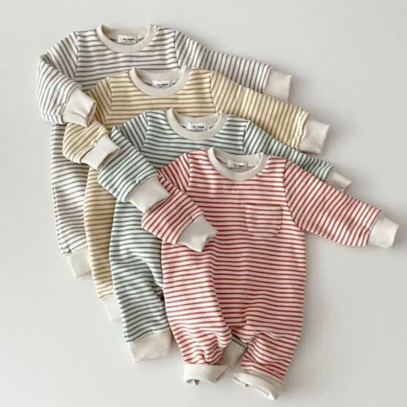 Newborn Baby Striped Romper Spring Infant Boys Girls Casual Jumpsuit Toddler Kids Fleece One-piece Babies Warm Winter Clothes 1