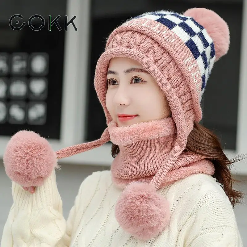 

COKK Knitted Hat With Scarf Velvet Thickening Set Collars Sets For Women Ladies Thick Warm Ear Protect Windpoof Hat With Pompom