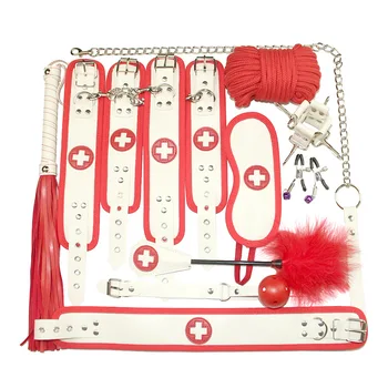 

Sexy Aid COS Nurses Plush 10 Pieces Slave Handcuffs Binding Rope Bed Bondage Props Men's Leather Whip