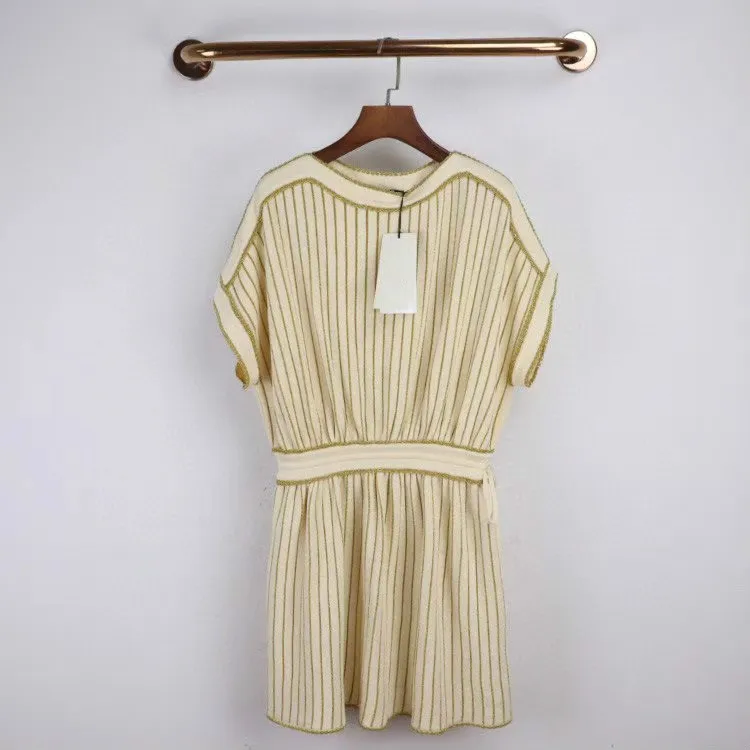 

2020 Spring Summer Women Gold Stripe Wool Drawstring Waistband Dress