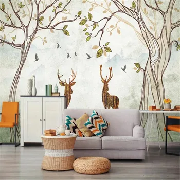 

milofi custom wallpaper mural 3d nordic hand-painted cartoon big tree elk pastoral background wallpaper mural