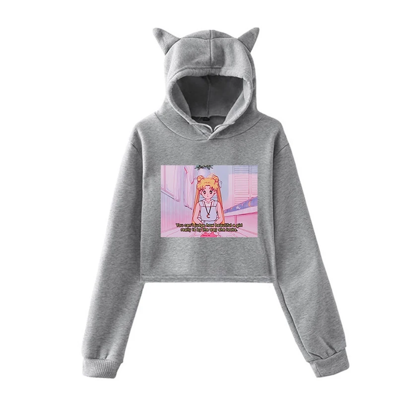 Унисекс с длинным рукавом Короткие толстовки Сейлор Мун эстетические Kawaii кофты осень Забавный пуловер с капюшоном для женщин мужчин хип хоп одежда - Цвет: 902-mx-1218-29(5)