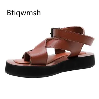 

2019 Brown Leather Gladiator Sandals Women Open Toe Cross Strap Thick Bottom Flat Shoes Woman All Matched Summer Casual Shoes