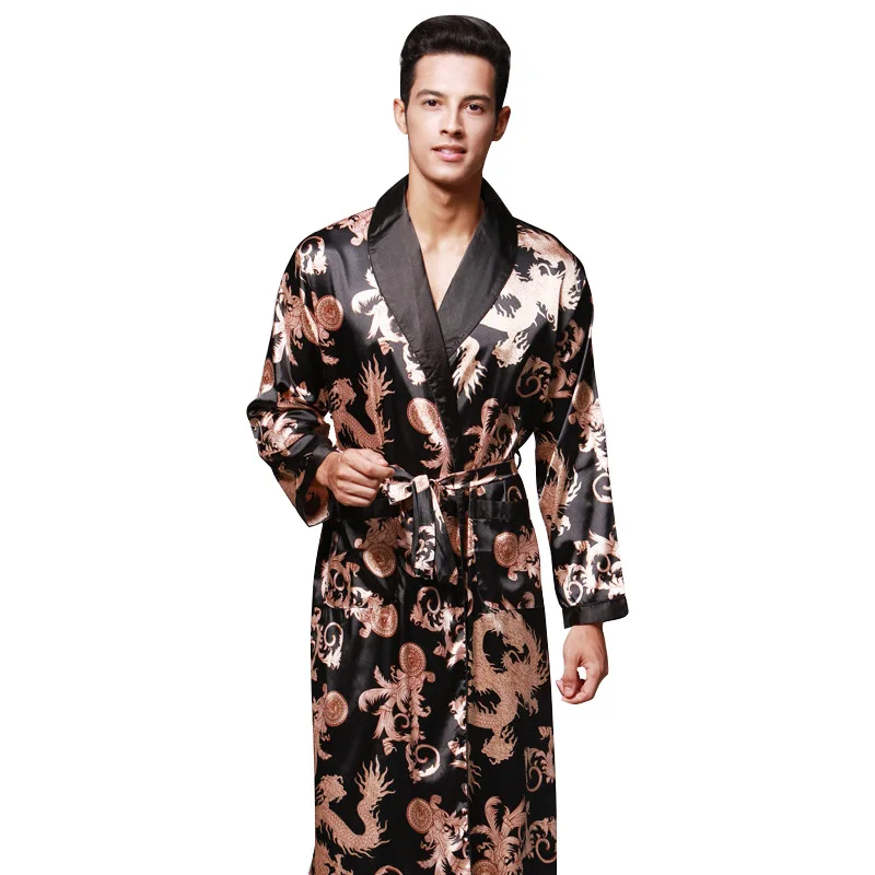 Men Silk Summer and Autumn Satin Kimono Bathrobe Golden Dragon Knee Length Long Sleeve Black Bath Robe Dressing Gown Sleepwear