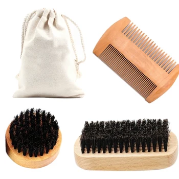 

4PCS/Set Men Boar Hair Bristle Beard Mustache Brush Hard Round Wood and Comb
