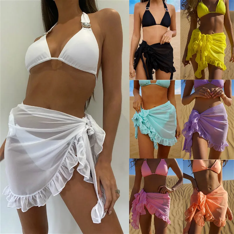 Frauen Badeanzug Bikini Abdeckung-Ups Rock Sommer Einfarbig Strand Wrap Rock Bademode Weiblichen Rüschen Trim Lace Up Sarong abdeckung Ups