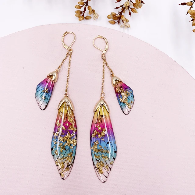 Fairy Resin Butterfly Earrings for Women Shining Crystal Flake Double Wing Long Drop Earrings Ladies Wedding Party Jewelry 2020 GF-Rainbow