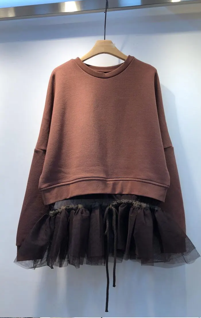 Female Hoodies Fashion Clothes Women Casual Sweatshirts Pullovers Tops Long Sleeve Hoodie Hoody with Mesh Patchwork - Цвет: brown
