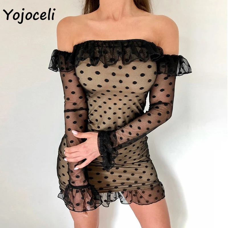 Yojoceli с открытыми плечами в горошек облегающее платье кружевом вечерние Клубные