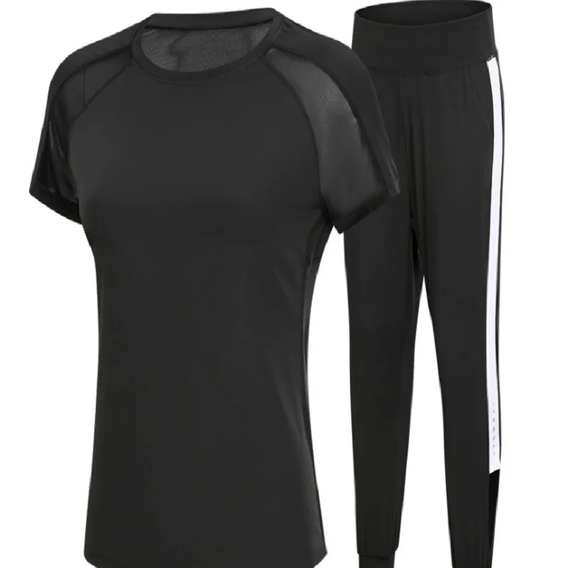 Black-1-2piece suit Damdos женская спортивная одежда Йога набор фитнес одежда для спортзала и бега теннисная рубашка+ брюки для йоги, леггинсы для пробежки тренировки спортивный костюм - Цвет: Black-1-2piece suit