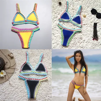

2020 New Arrival Neoprene Bikini Set Push Up Two Pieces Set Swimwear Swimsuit Colorful Low Waist Holiday Clothing Bathing Suit