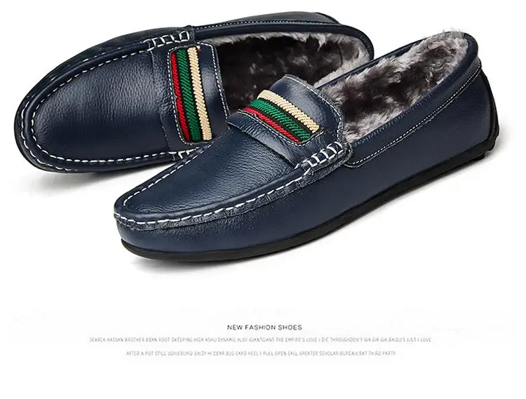 Men Loafers Shoes Genuine Leather Winter Fur Casual Male Boat Shoes Plush Party Shoes Slip On Driving Shoes Large Size 38-47