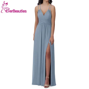 

Chiffon Bridesmaid Dresses Long 2020 V-Neck Vestido De Fiesta De Boda Side Split Backless Dusty Blue Dress For Wedding Party