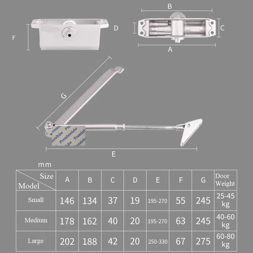 Commercial Door Closer Adjustable Spring Hydraulic Auto Closing 90 Degree Open Hold Face Mounted Siver Matte Black