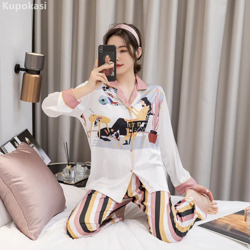 

Kupokasi Pajamas For Woman Satin Silk Pjs Cartoon Printing Long Sleeves Sleepwear Casual Soft Nightwear Lounge Wear robe sets