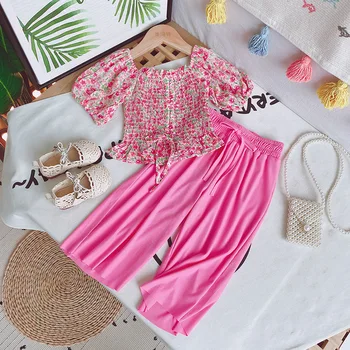 

Thunderers Summer Baby Girls Clothes Princess Floral Print Puff Sleeve T-shirt Solid Wide Leg Pants Kids Baby Casual Clothing