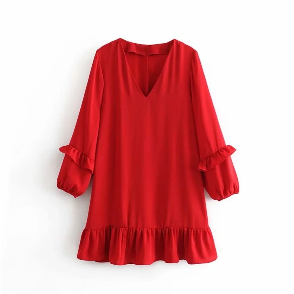 Женское платье с длинным рукавом V образным вырезом и эластичными