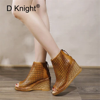 

Spring Summer 2020 New Women Wedges Sandals Genuine Leather Peep Toe Hollow Woven High Wedge Heels Shoes Woman High-Top Sandals
