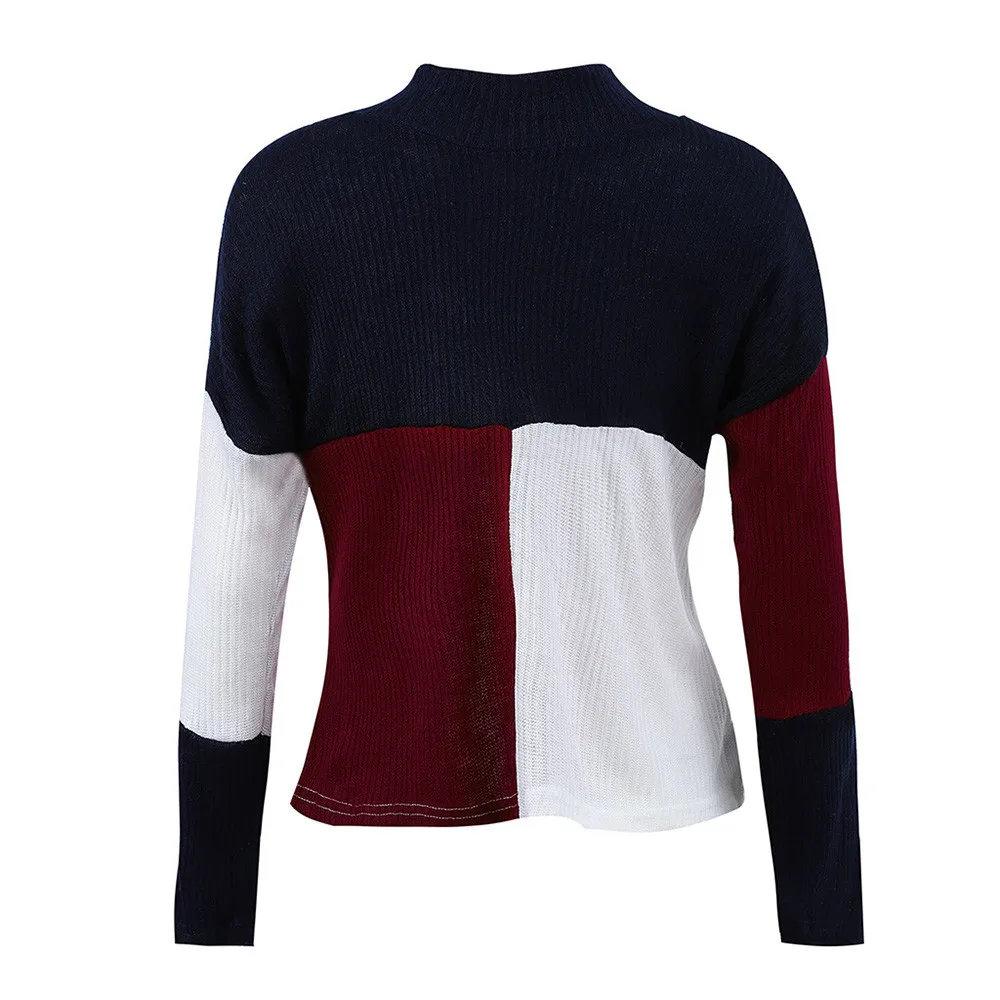 Jaycosin Women Colorblock Stand Long Sleeve Knitted Loose Sweater Tops Casual Quality Attractive Jumper Pullover Top Blouse