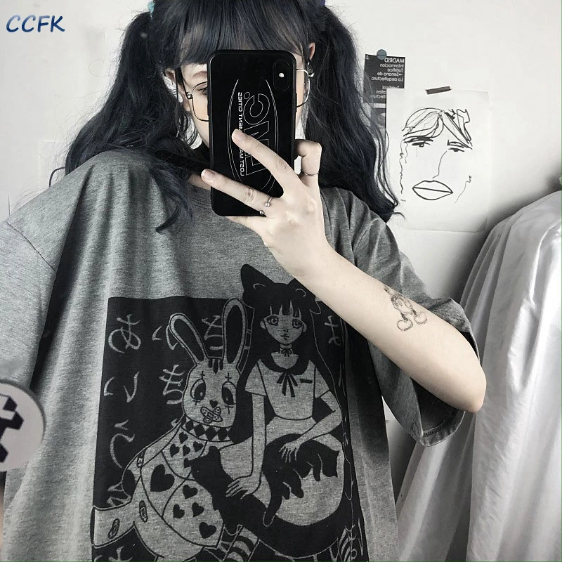 女性向けゴシック漫画tシャツ 原宿エモパンクファッション 半袖ラウンドネックtシャツ グランジサイバーファッションy2k美的tシャツ T Shirts Aliexpress
