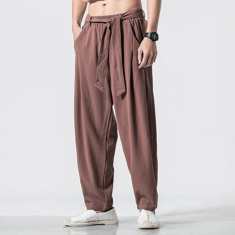

2019 Spring And Summer New Style Chinese-style Loose Cotton Linen Casual Pants Solid Color of Belt Retro Large Size Harem Pants