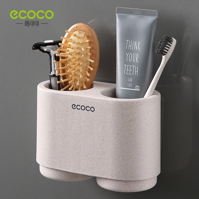 ECOCO Magnetic Adsorption Inverted Toothbrush Holder Simple Toothpaste Storage Rack with Wash Cup Punch Free Bathroom Sets Double cup Wheat