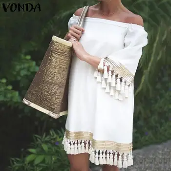 

VONDA 2020 Women Sexy Off Shoulder Vintage Solid Color Party Dresses Female Elegant Holiday Mini Dress Casual Loose Vestidos 5XL