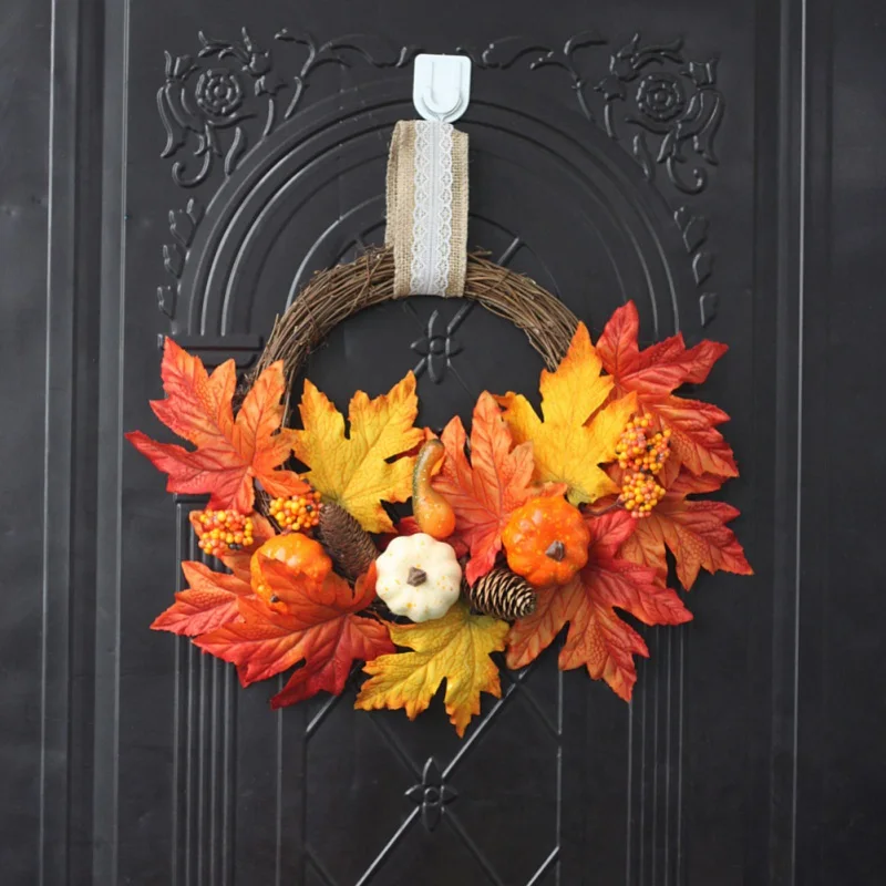 Fall Maple Leaves Pumpkin Wreath Artificial Garland For Front Door Holiday Halloween Fall Harvest Decor