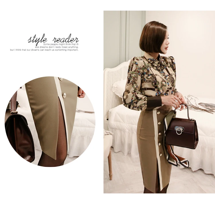 2019 официальный Женский комплект из 2 предметов, Осенний цветной шифоновый блуза с длинными рукавами, топы + высокая талия, раздельные