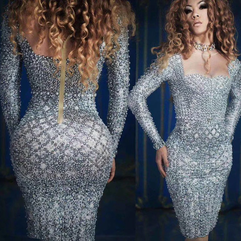 

Женские пикантные парадный вечерний костюм с бриллиантами цельное платье, сексуальное, акционное, вечерние жемчуг тонкий мини платье на день рождения для ночных клубов; DJ сценическое платье