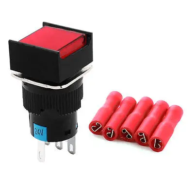 

DC 24V Red Light SPDT Self Locking Square Pushbutton Switch w Crimp Connectors