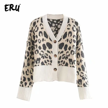

ERU leopard cropped cardigans sweater women v neck single breasted long sleeve warm pull femme winter ladies sweaters jumper