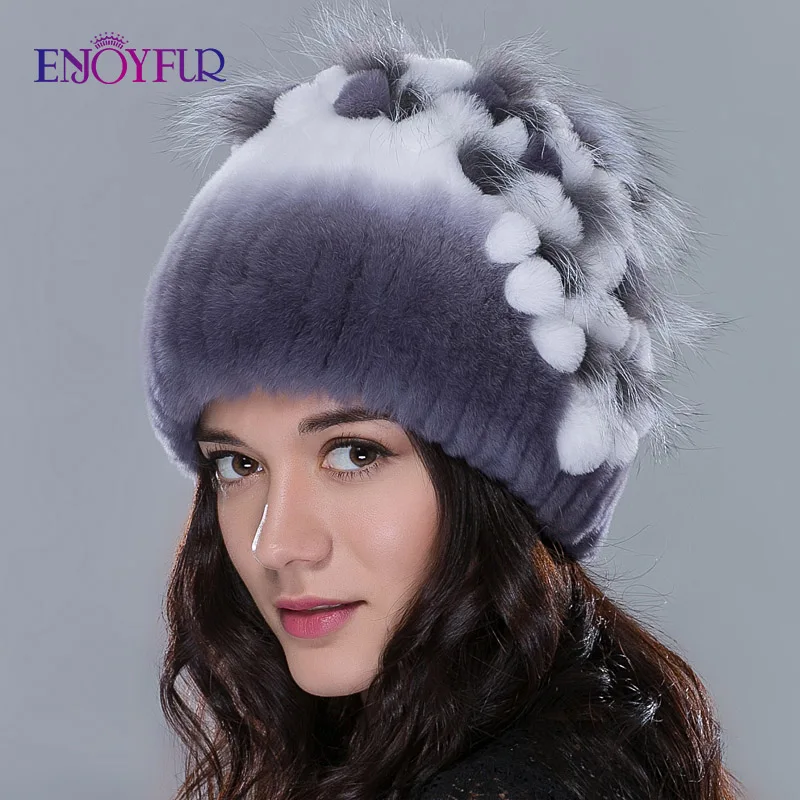 

ENJOYFUR Winter fur hats for women knitted rex rabbit fur caps with fox fur flowers striped fur beanies female casual hats