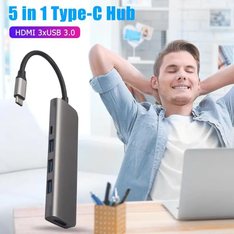 VODOOL 5 in 1 Type C to 4K HDMI 3xUSB 3.0 Fast Data Tranfer Dock Hub with PD Port Office Computer Peripherals USB Hubs
