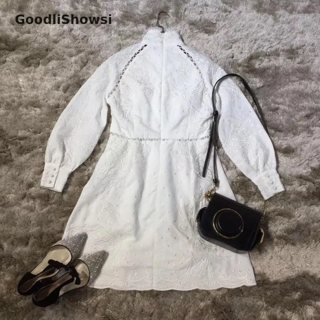 GoodliShowsi, ретро платье с вышивкой, одноцветное, выдалбливают, воротник-стойка, рукав-фонарик, однобортное, сексуальное женское мини-платье