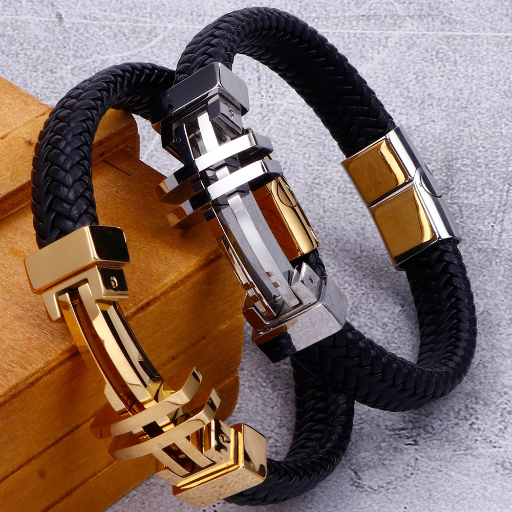 

11MM Punk Men Retro Black Braided Genuine Leather Bracelet Hiphop Gold Color Stainless Steel Charm Cross Bangle Handmade Jewelry