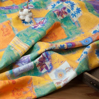 

High end pure linen fabric Leaf printing tissu High grade robe dress cheongsam material