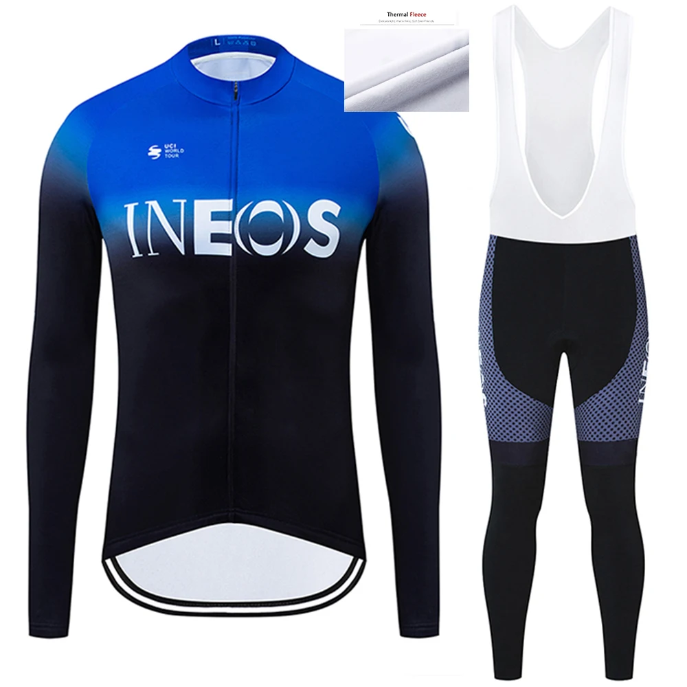 Зимняя команда INEOS, велосипедная майка, велосипедные штаны, набор, мужские, Ropa Ciclismo, термо, флис, для велоспорта, одежда для велоспорта, 12D гелевая подкладка - Цвет: Blue Set 1