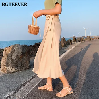 

BGTEEVER Vintage Midi One Piece Skirts Women Loose Solid High Waist Lace Up Chiffon Skirts Female 2020 Spring Summer 11 Colors