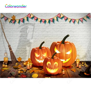 

White Brick Wall Backgrounds Halloween Grim Reaper Orange Pumpkins with Leaves Wooden Floor Colorful Flags Backdrops for Studio