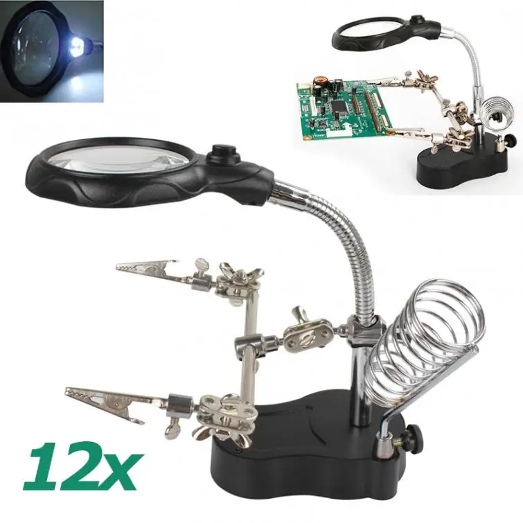 Adjustable 3.5X 12X Helping Hand Clip LED Light Magnifying Glass Lens Desk Desktop Table Magnifier Lamp Loupe Solder Iron Stand
