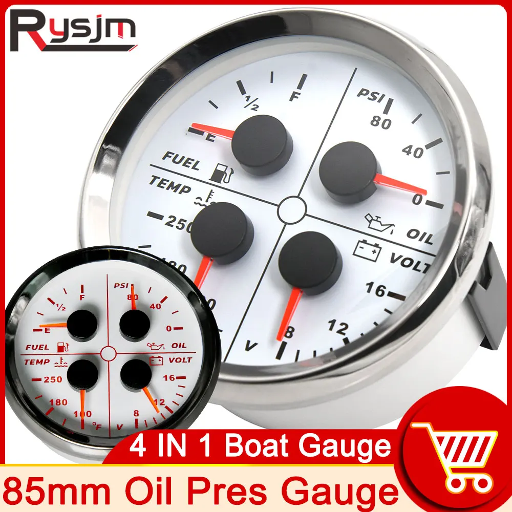 

85mm Oil Pressure Gauge 4 in 1 Multi-function Gauge 0-80 Psi Oil Press Water Temp Fuel Level 0-190ohm Voltmeter Red Backlight