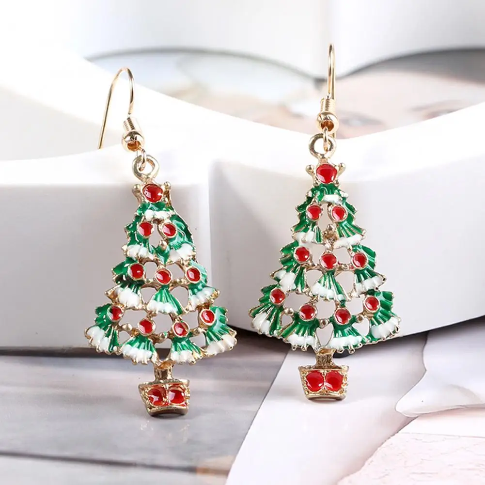 

New Arrival Cute Women Enamel Hollow Christmas Tree Dangle Hook Earrings Party Jewelry New Year Christmas Gift