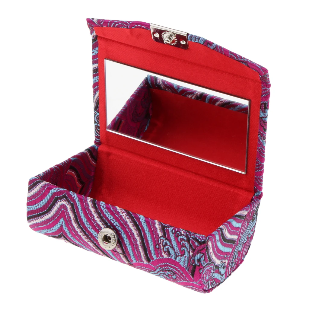 Retro Brocade Embroidered Chinese National Costume Design Lipstick Jewelry Case Holder Box With Mirror- Holds 2 Lipsticks