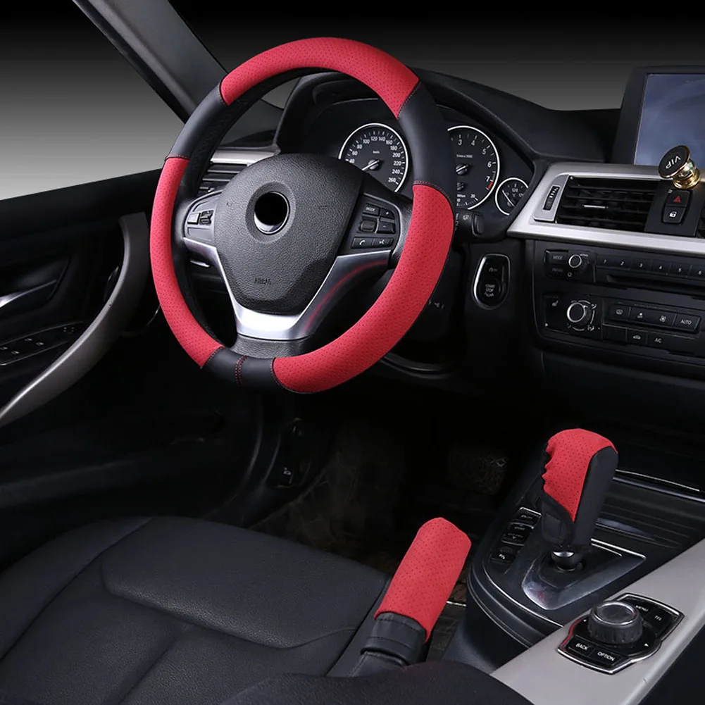 Розовый автомобильный чехол на руль 38 см, дышащий Противоскользящий ручной тормоз и шестерня, комплект для BMW Volkswagen, автомобильный Стайлинг - Название цвета: Красный