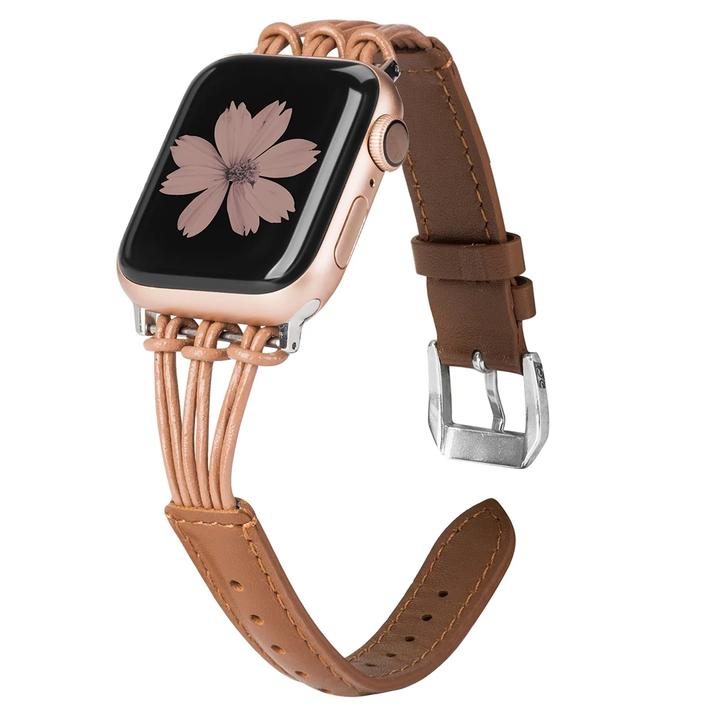 Кожаный ремешок для Apple Watch, 38 мм, 40 мм, 42 мм, 44 мм, розовое золото, для женщин и мужчин, тонкий браслет с кисточкой для отдыха, ремешок для iWatch 5, 4, 3, 2, 1