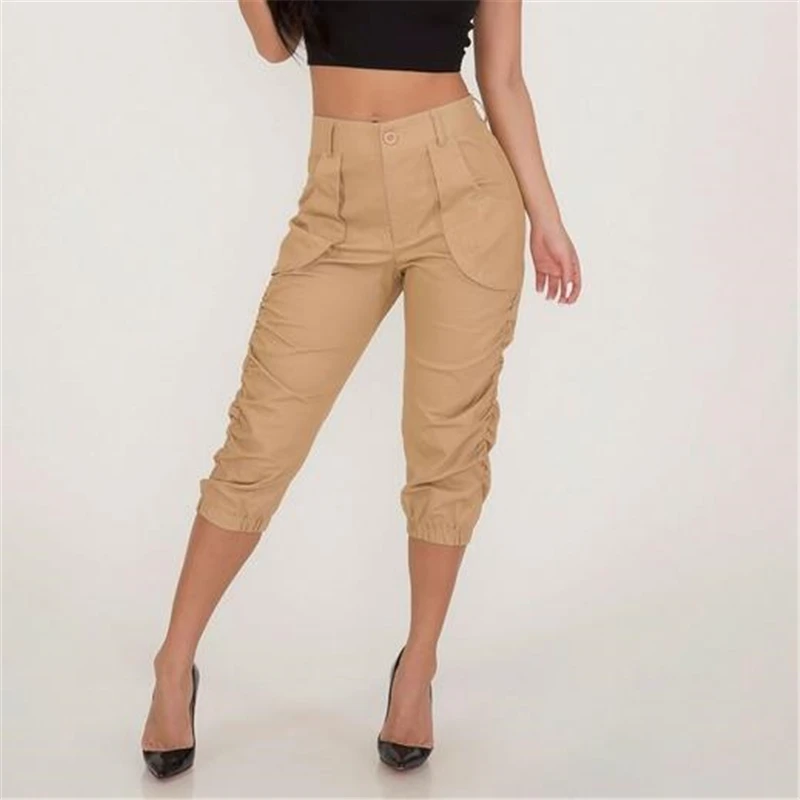 Sexy Women Calf Length Pants Solid Color Pocket Casual Elastic Pants Casual Cropped Women Trousers Streetwear Plus Size Trousers - Цвет: As photo shows