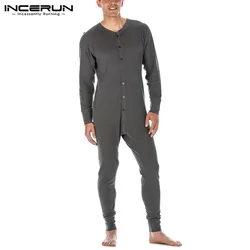 Men Pajamas Jumpsuit Solid Color Leisure Homewear Long Sleeve V Neck Button Mens Rompers Sleepwear Cozy Nightwear INCERUN S-5XL