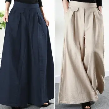 

ZANZEA Women Causal Wide Leg Pant Cotton Loose Pockets Holiday High Waist Long Pantalon Palazzo 2020 Work Trousers Oversized 5XL